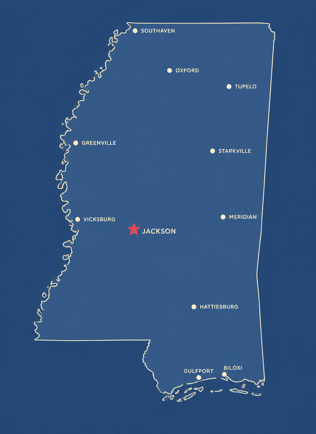 Map of Mississippi showing major cities, with Jackson marked as the capital